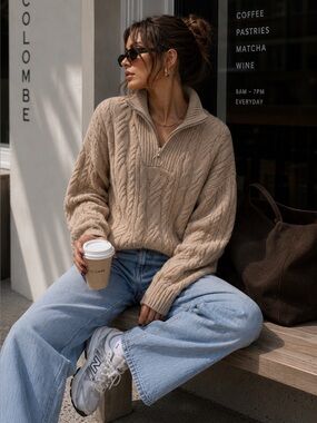 Topshop Cream Cable Knit Half Zip Sweater XS